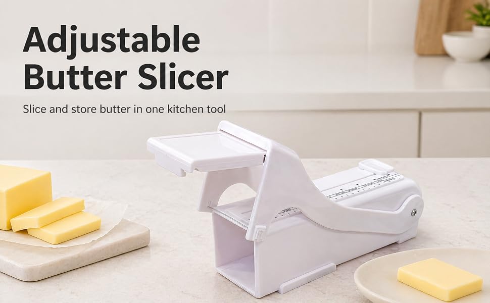 Adjustable butter slicer on clean kitchen countertop with measurement markings