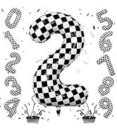 40 Inch 2nd Birthday Number Balloon, Checkered Foil Self Inflating 2 Balloons Decor, Big Black an...