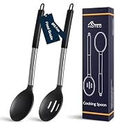 HOTEC Heat Resistant Large Silicone Cooking Spoon, Solid Slotted Spoons, Nonstick Kitchen Cookwar...