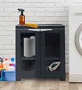 2 door 1 shelf storage cabinet with windows in laundry room with cleaning supplies and hand iron