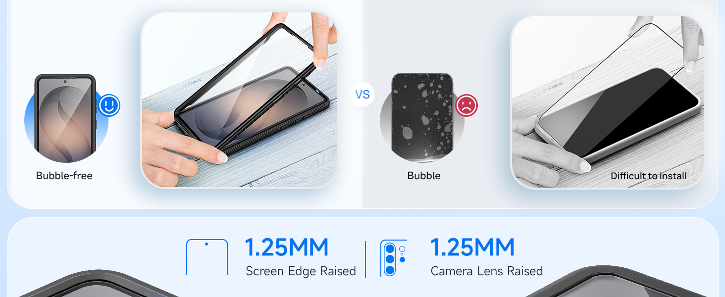 Text reads '1.25MM' and '1.25MM' with specifications. Product comparison showing smartphone screen protectors with different thickness levels. Four protective screen cases displayed with technical dimension indicators and curved edge detail illustrations.
