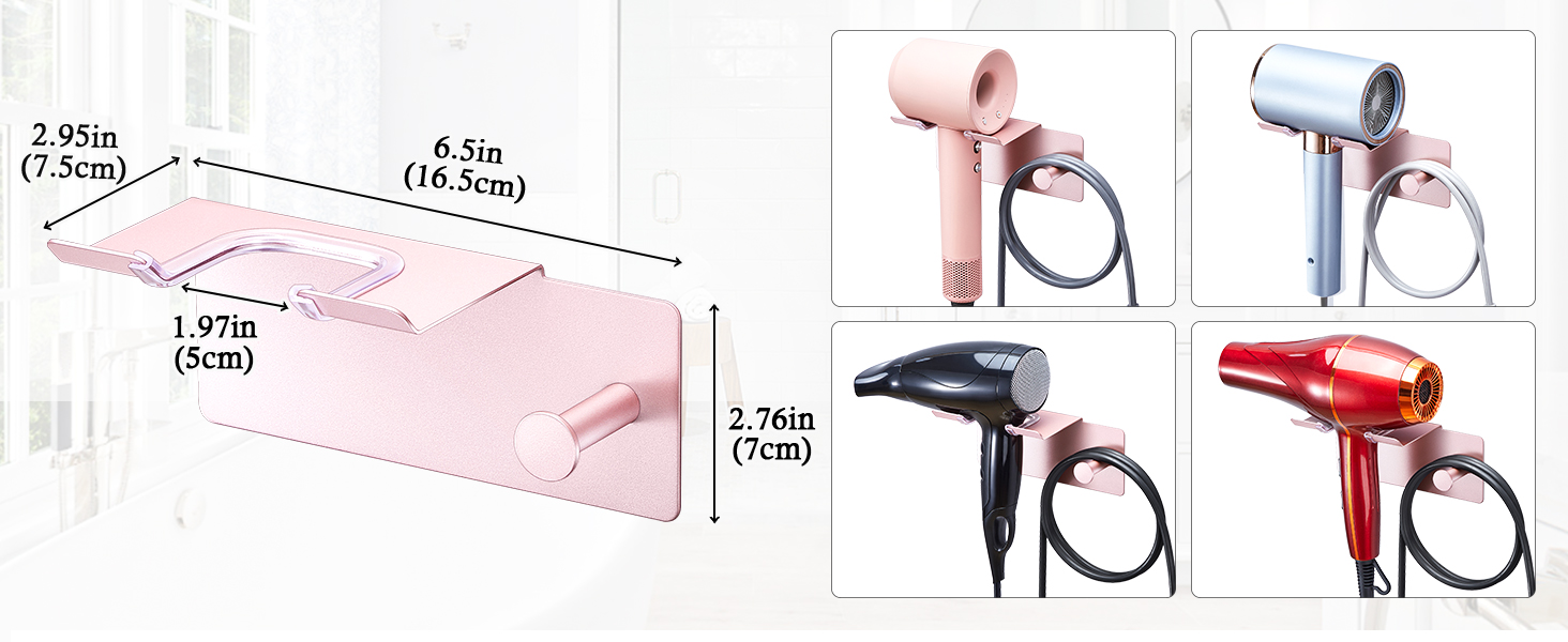 Technical diagram showing measurements and specifications for hair styling tools, including hair dryers in red and black colors with dimensional annotations.