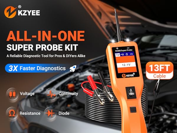 KM06 super probe kit used for car diagnostics with voltage, continuity, resistance and diode modes.