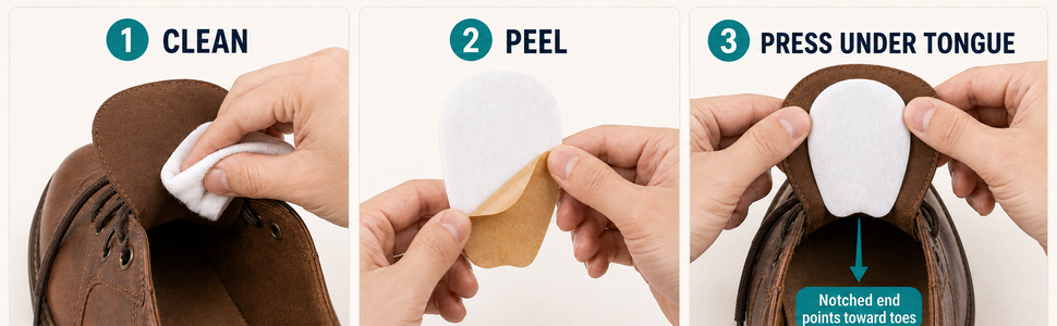 Clean shoe tongue, peel backing, and press pad under tongue.