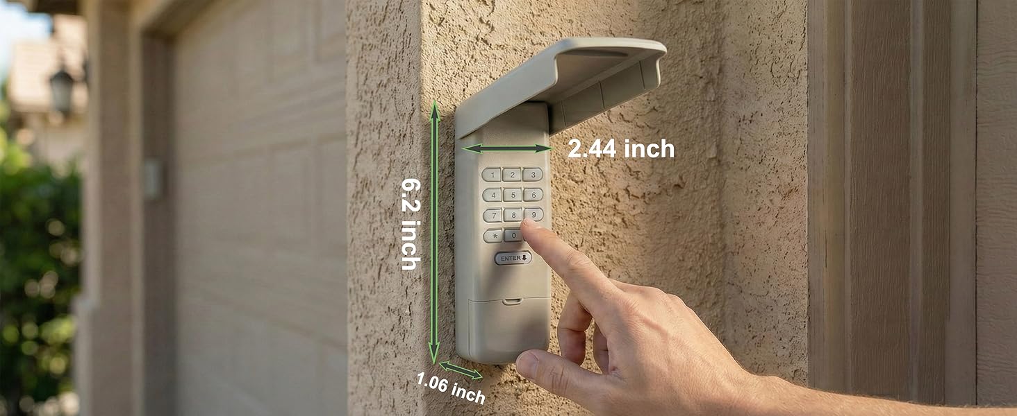 Compact garage door keypad dimensions fitting standard narrow door jambs covers old screw holes