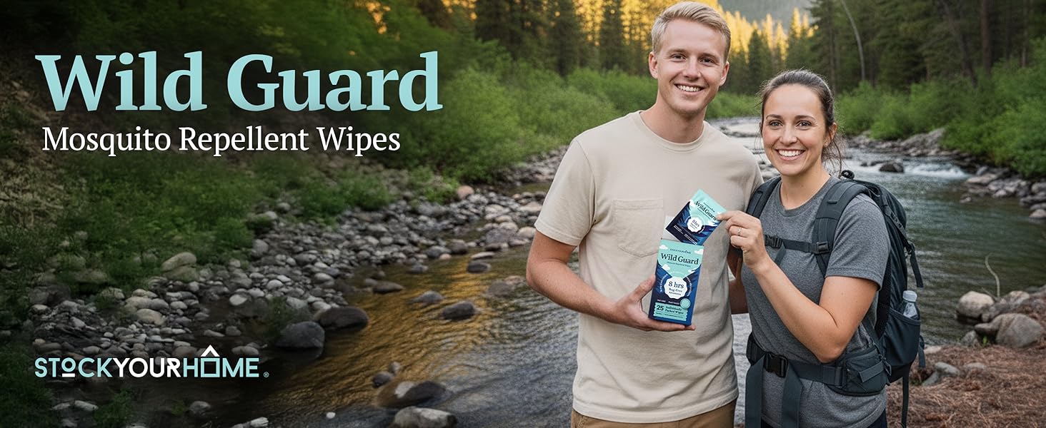 Two hikers by a river holding Stock Your Home Wild Guard Mosquito Repellent Wipes outdoors.