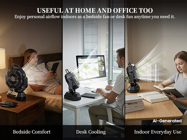 A versatile portable fan with light for bedside or desk use at home and office
