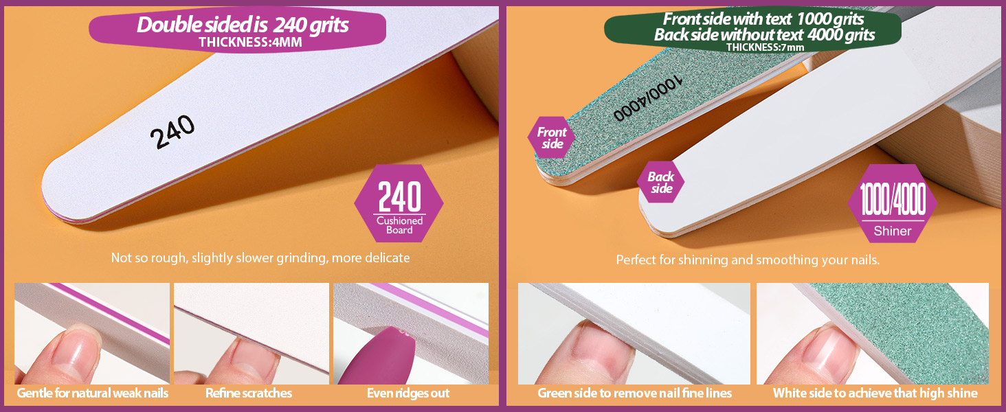 240 grits nail file and 1000/4000 grits nail buffer