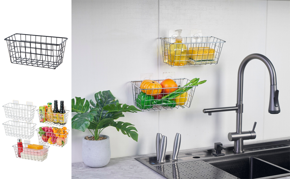 Wire Storage Basket Traceless Stick Basket on Cabinet Door Wall Organizer no Drilling