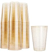 N9R 100PCS 12oz Gold Plastic Cups, Gold Glitter Disposable, Elegant Wedding and Party Cups