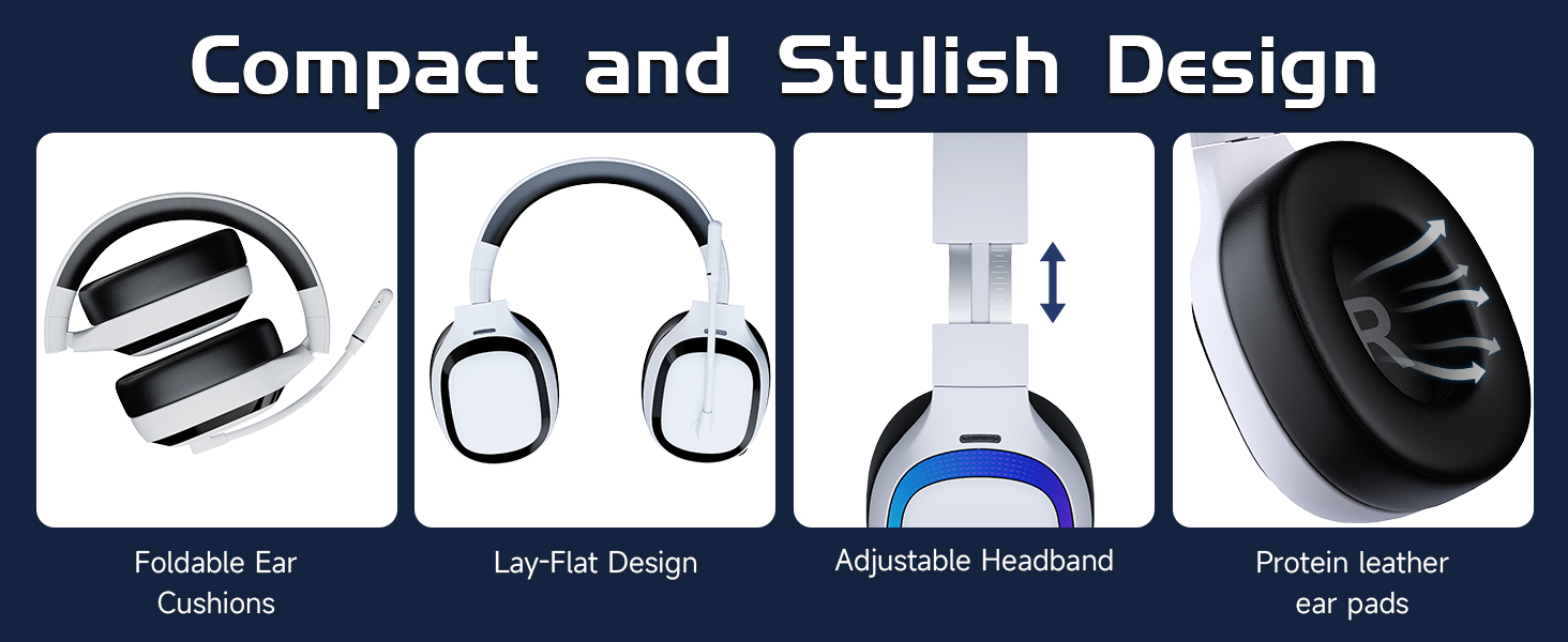 Foldable gaming headset with protein leather ear pads and adjustable headband for comfort
