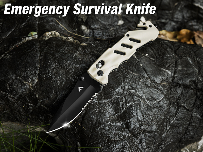 FLISSA Folding Pocket Knife with Glass Breaker and Seatbelt Cutter