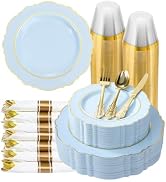 realluck 350 Piece Light Blue Plastic Dinnerware Set for 50 Guests Elegant Baroque Disposable Din...