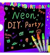 Mega-L Glow in The Dark Party Supplies, Neon DIY Party Decorations with 4 Fluorescent Colored pen...