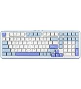 Three different mechanical keyboard layouts showing various sizes and key arrangements with blue and white keycaps.