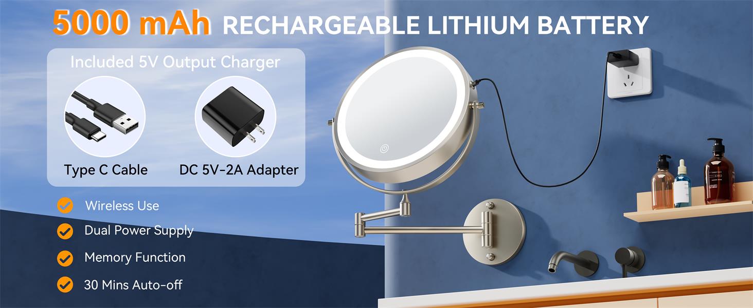 5000mAh built-in battery for long-lasting use with Type-C charging and auto power-off