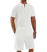 COOFANDY Men's 2 Piece Summer Beach Outfits, Textured Casual Henley Shirt and Shorts Set