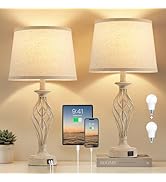 EJIAXIN Bedside Table Lamp for Bedroom Set of 2 - Beige Nightstand Lamps with USB C+A Ports,Rusti...