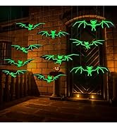 DIYASY 12 Pcs Hanging Bats Halloween Decor, Large Glow Bats Wall Decorations for Outside 3D Plast...