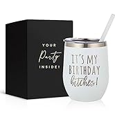 It's My Birthday B*itches White Stainless Steel 12oz Wine Tumbler, Birthday Wine Glass with Engra...