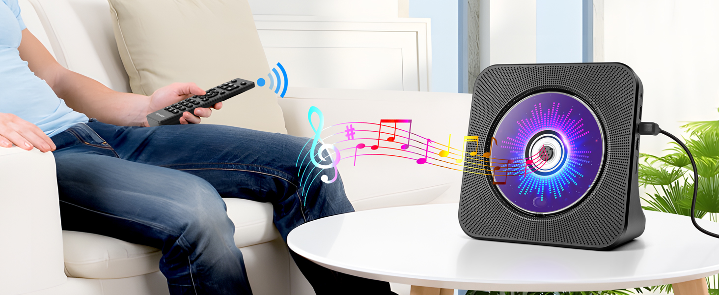 CD player with remote control for easy wireless operation from sofa in living room
