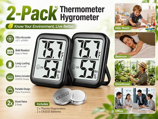 2-pack digital thermo-hygrometer,bold clear readout,portable,2 units & 2 CR2032 batteries included.