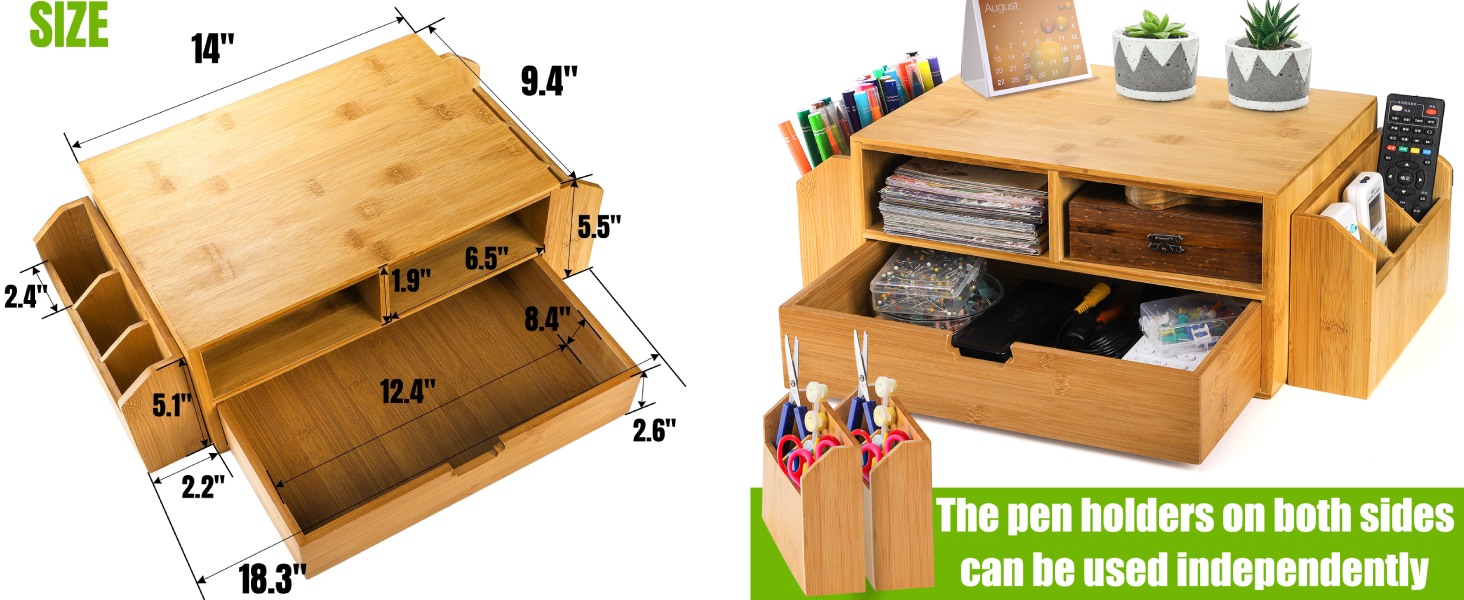 Bamboo Desktop Organizer, Desk Monitor Stand Riser with 1 Drawer and 2 Pen Holder