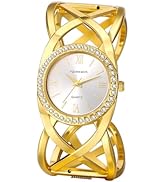 JewelryWe Chunky Cuff Watch for Women: Gold Tone Stainless Steel Open Bangle Watch - Analog Quart...