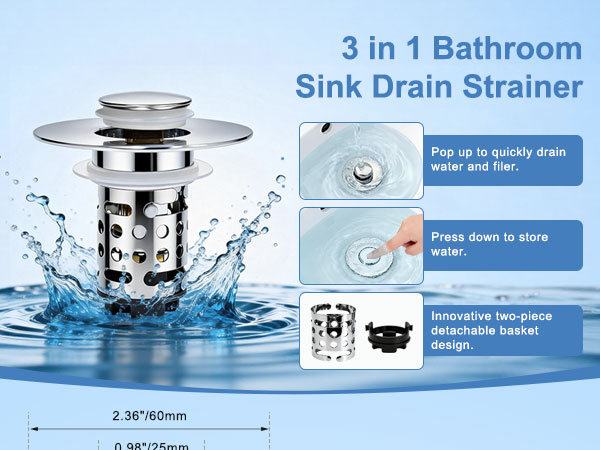 3 in 1 bathroom sink drain strainer