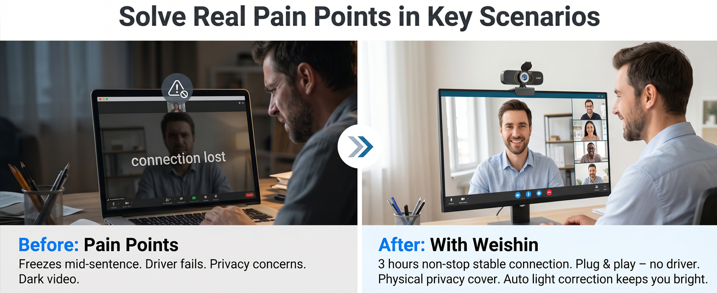 Left: dark face, frozen call. Right: bright face, Weishin webcam. Pain to relief.