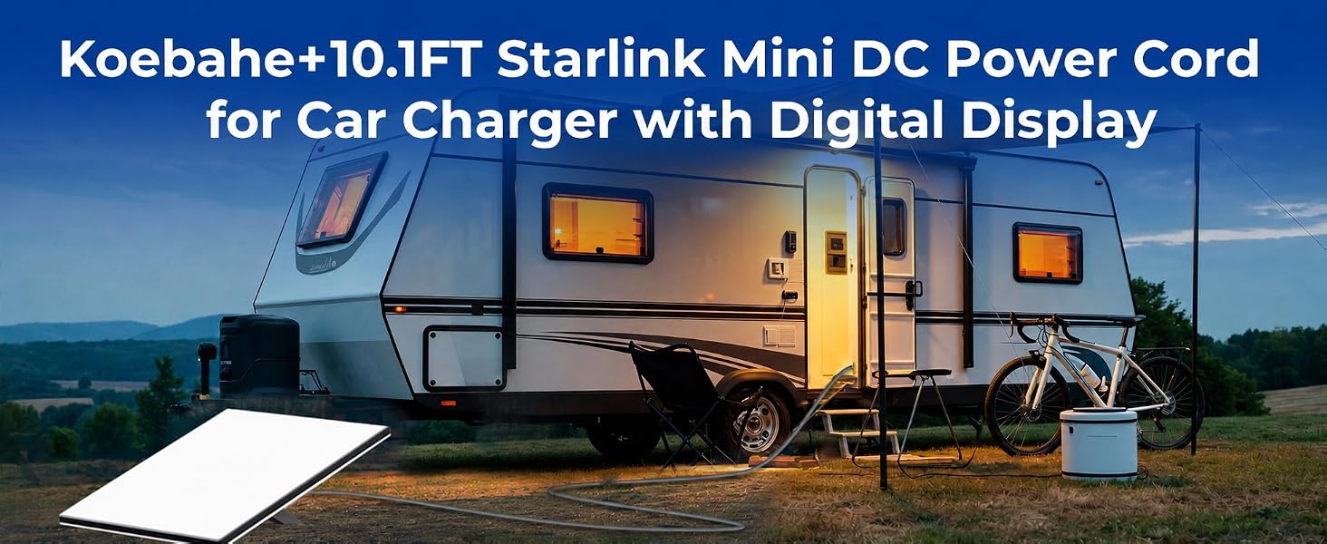 Starlink Mini DC power cord running from travel trailer RV to satellite dish on campsite lawn