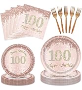 Happy 100th Birthday Decorations for Women Rose Gold 100th Birthday Party Supplies Plates and Nap...