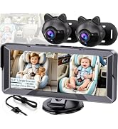 Dual Baby Car Camera for 2-Kids: 6.9" Large Split-Screen for Two Car Seats | Cable Clips for Clut...