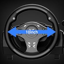 Gaming steering wheel with 10-inch diameter measurement indicated by blue arrow annotation, featuring black leather-like covering.