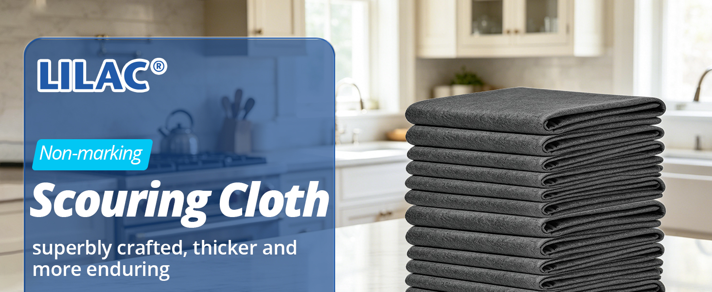 LILAC non-marking scouring cloths stacked in a kitchen. Strong water absorption and stain removal.