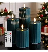 Girimax Teal Ribbed Flameless Pillar Candles with Remote, Flat Top Flickering LED Wax Battery Can...