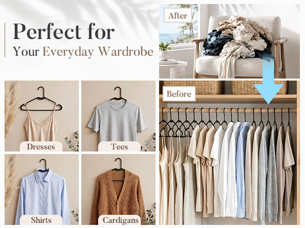 Slim hangers holding everyday clothing in a compact, organized closet
