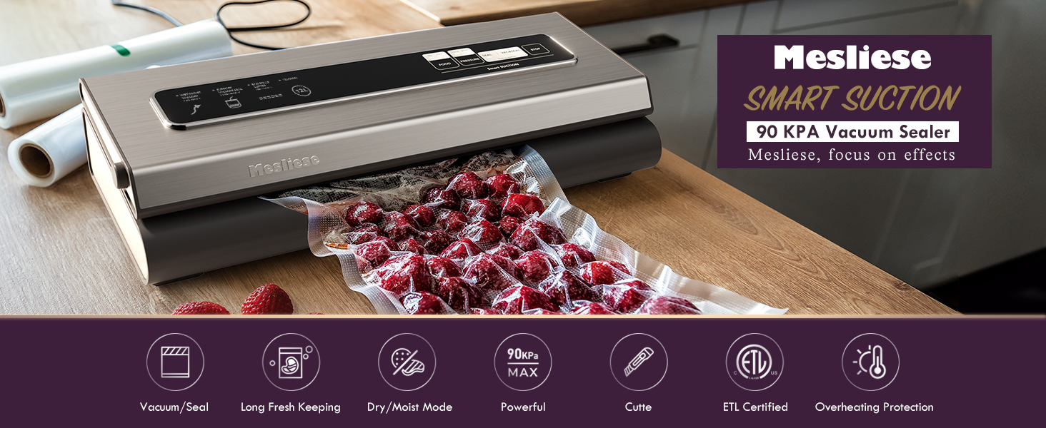 Mesliese 90Kpa Powerful Food Vaccum Sealer Machine with bags 6-in 1 operation smart system