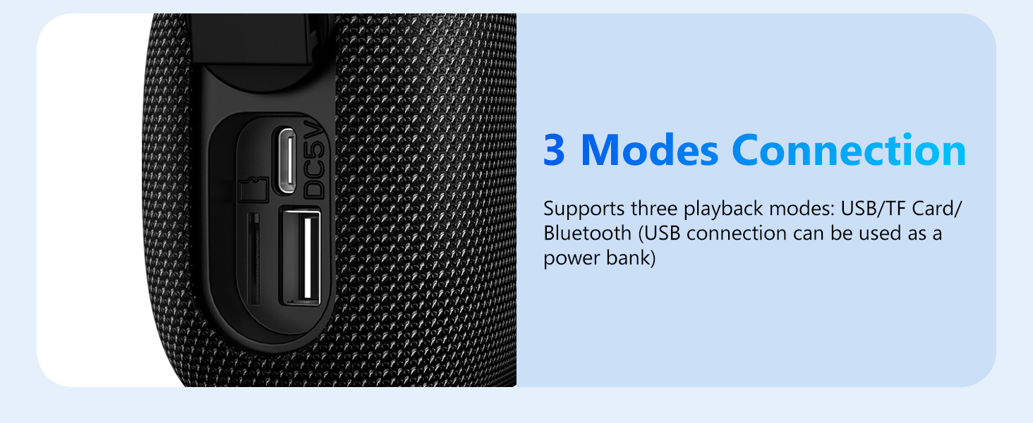 The portable Bluetooth speaker supports TF card, USB and Bluetooth connections.