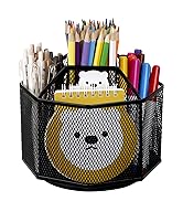 Comix 360° Rotating Pen Holder for Desk, 5 Compartments Office Desk Organizer, Black Mesh Metal P...