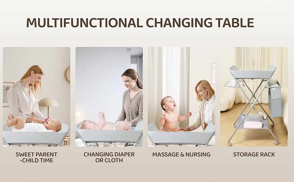 Product demonstration sequence showing changing table with multiple configurations including safety features and storage options.