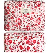 2Pcs Quilted Makeup Bag Set Flower Cute Pencil Case Large Small Travel Makeup Pouch Set for Women...