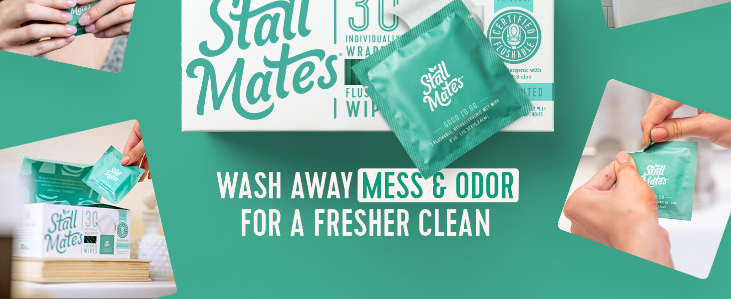 Stall Mates, individual wet wipes. Wash away mess and odor for a fresher clean.