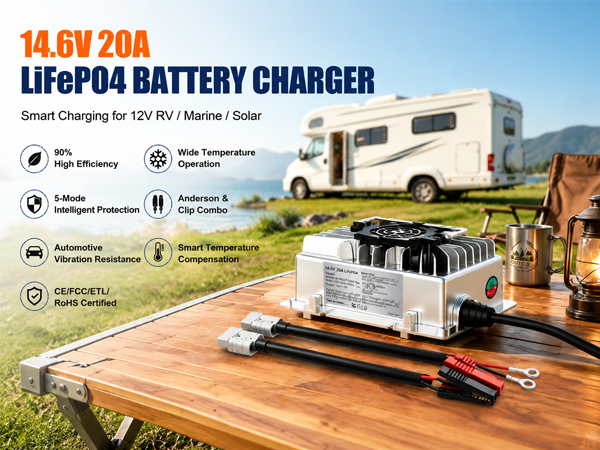 ABKpower 14.6V 20A LiFePO4 Battery Charger, AC-DC Smart Charger