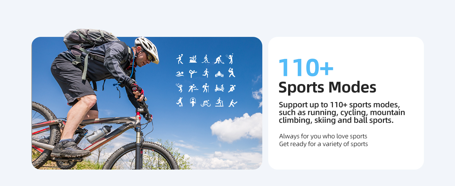 Smartwatch advertisement showing 110+ sports modes support, with an image of a cyclist and icons representing various activities.
