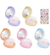 Foldable Travel Hair Brushes with Mirror, 5 Colors Portable Peach Shaped Pocket Hairbrush, with H...