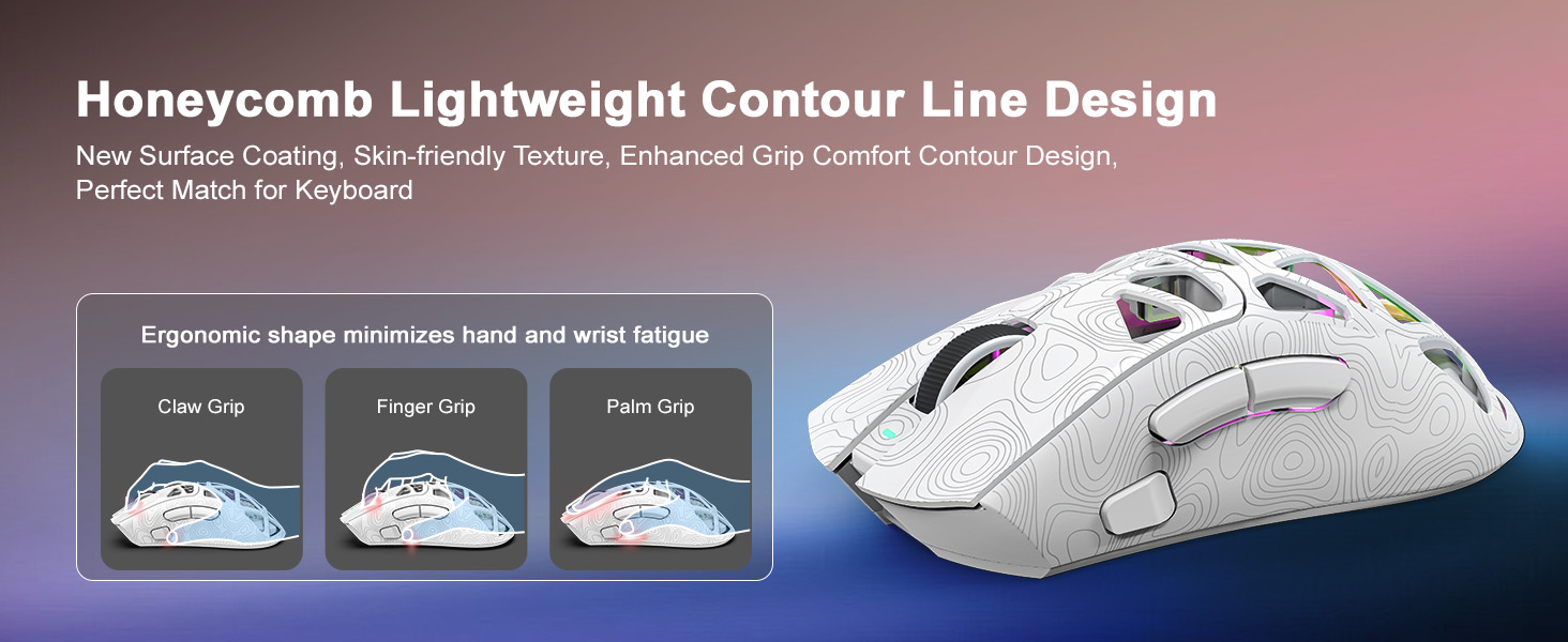 Ergonomic honeycomb mouse perfect for all grip styles: palm, claw, and fingertip grips