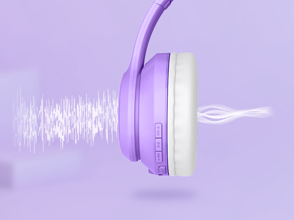 Purple wireless headphone with white accents, showing sound waves and a glowing effect. Side view highlights ear cup design and controls.