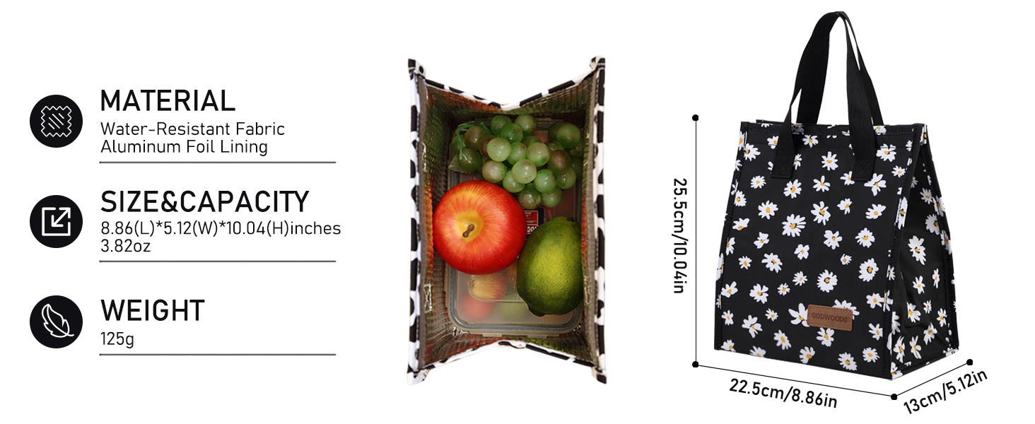 Text reads 'MATERIAL', 'SIZE&CAPACITY', 'WEIGHT'. Shows reusable shopping bag with star pattern in black and white, alongside produce storage demonstration.
