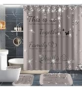 juwute 4Pcs Family Shower Curtain Sets with Non-Slip Rugs, Toilet Lid Cover and Bath Mat,Grey Gli...